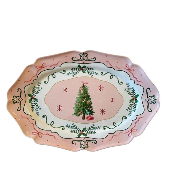 Pink Christmas Tree Serving Platter 14x10 Ceramic Holiday Bows Holly NEW - Picture 4 of 12